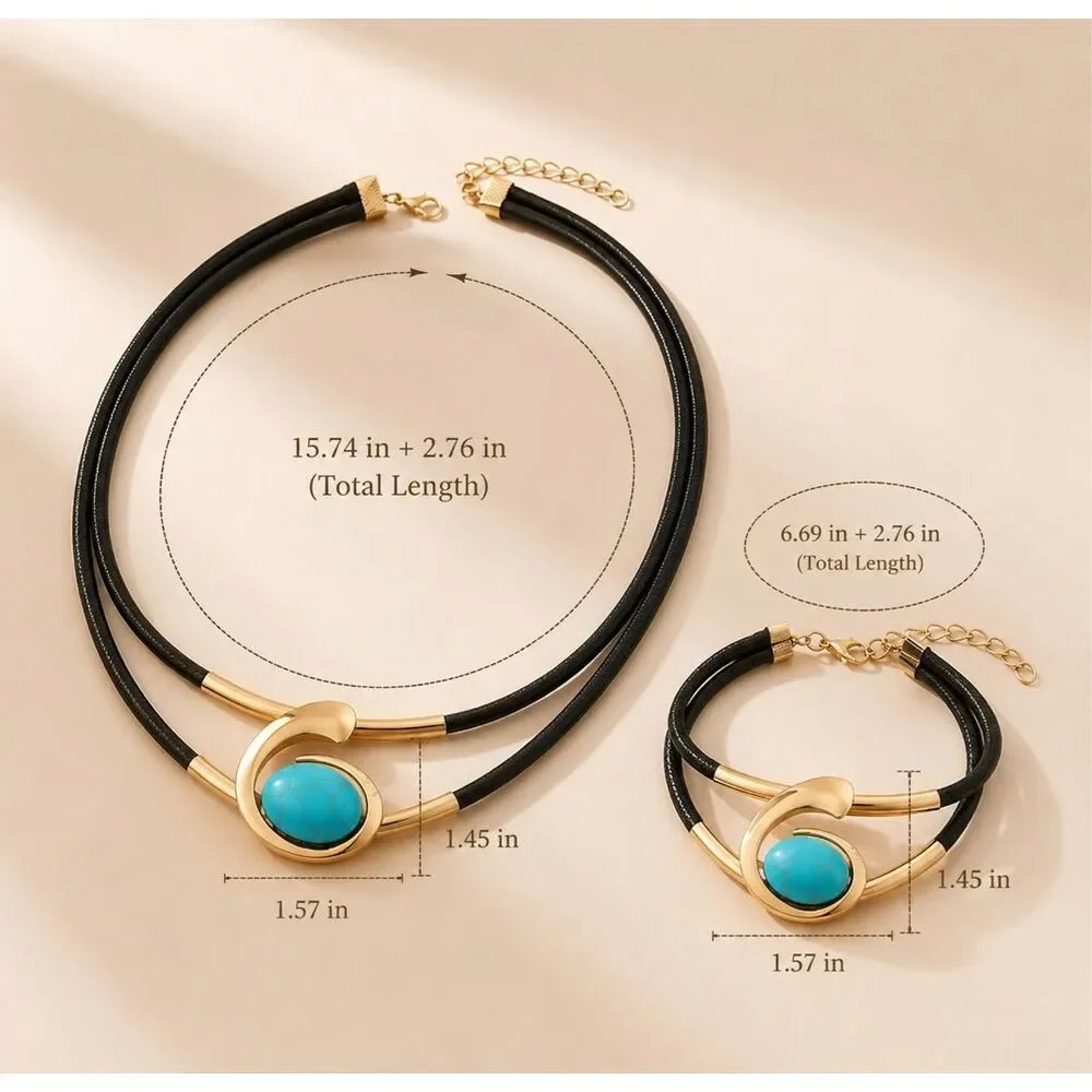 Zara Gold Turquoise Jewelry Set Necklace Bracelet Statement Boho Adjustable NWOT